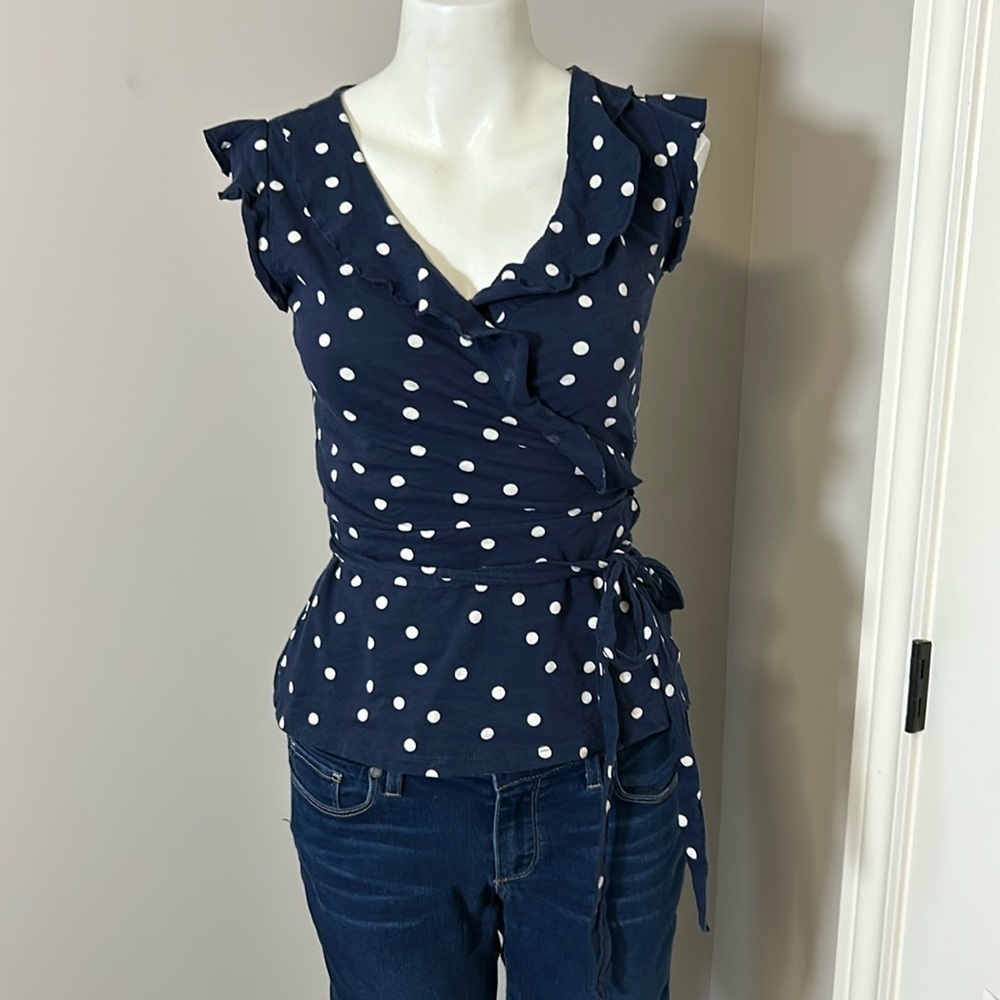 Boden Jodie Jersey Wrap Top Navy Polka Dot vneck shirt blouse Size 2 - Picture 2 of 8